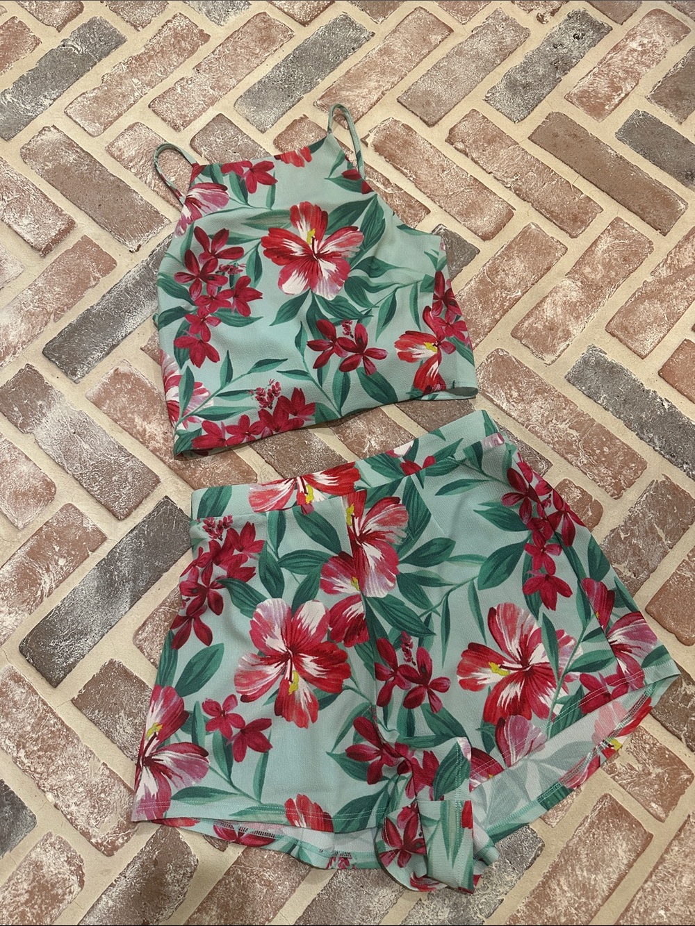 Show me your mumu Floral Two-Piece Shorts Set - minty blue green